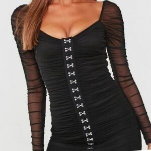 Forever 21 Black Ruched Mesh Mini Dress Long Sleeves Medium